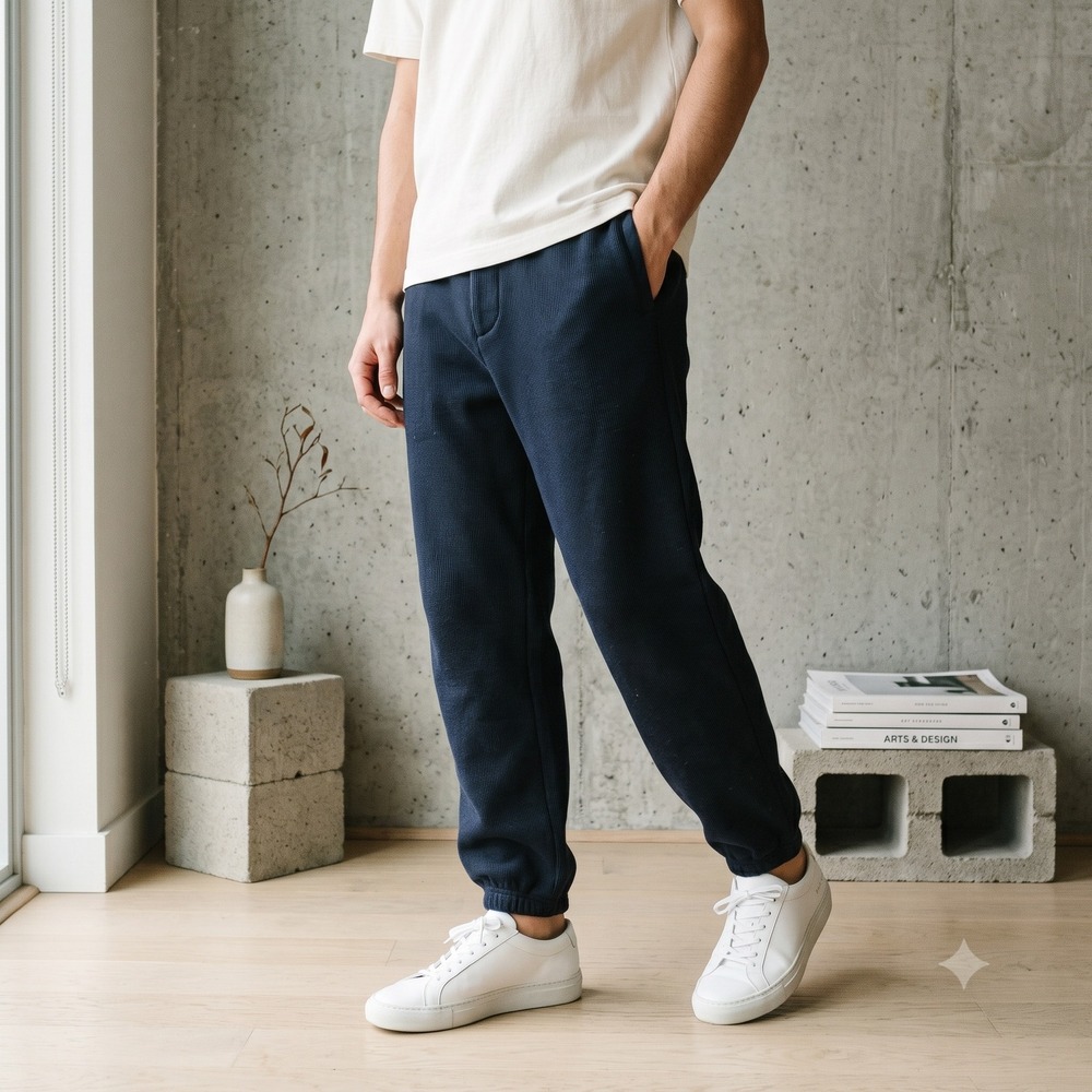 COS Mens Pants Large Navy Blue Fleece Lined Elastic Cuff Minimalist Normcore